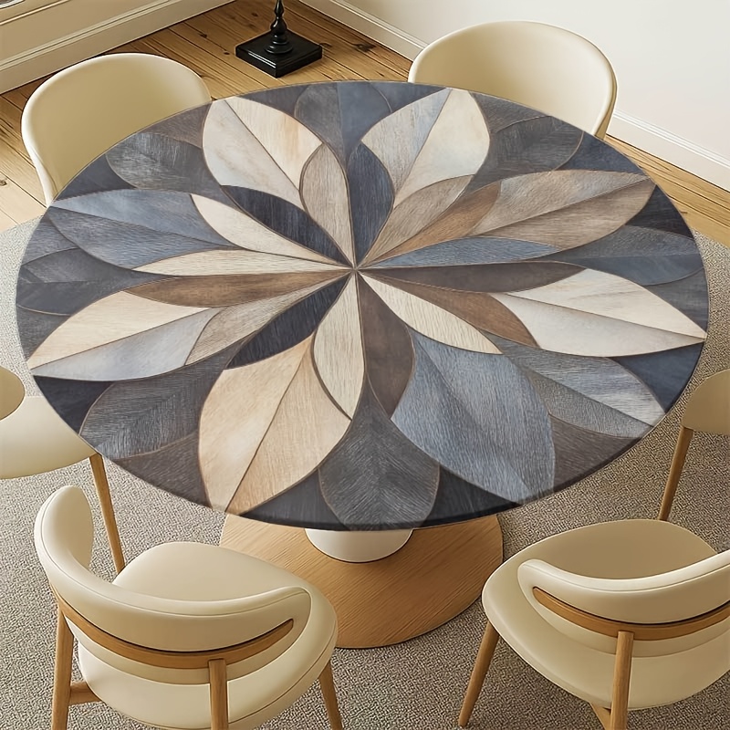 TEMU 1pc Elastic Round Tablecloth - Beige Base With Floral Wood Grain Pattern, Elastic Edges And Washable Polyester Surface, Ideal For Indoor And