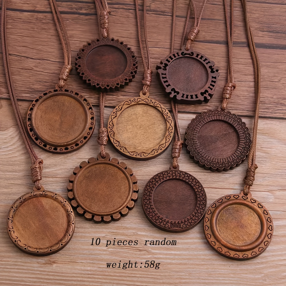 Image of 10pcs Random Assorted Geometric Wooden Cabochon Pendant Bases For Jewelry Making, Vintage Time Settings For Necklaces, Diy Craft Supplies In Random Styles