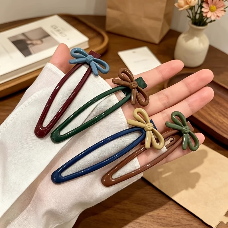 TEMU 4pcs Cute Contrast Bow Hair Clip Set, Water Drop Shaped Bb Clips, All-match Bangs Clip Side Hair Clip, Women's Hair Additions, -match Hair