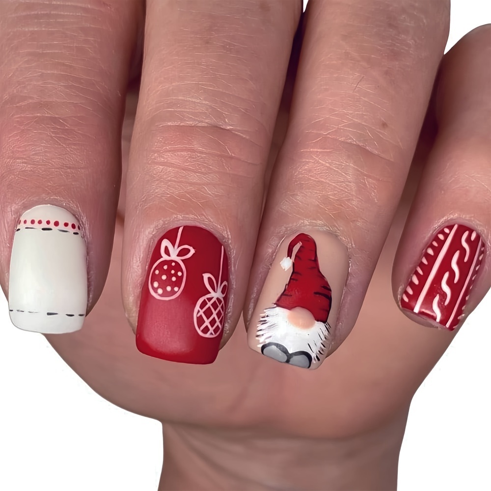 

24-piece Christmas Theme Press On Nails Set - Short Square Matte Red Nails With Santa & Holiday Patterns - Cartoon & Festive Design Removable Fake Nail Tips