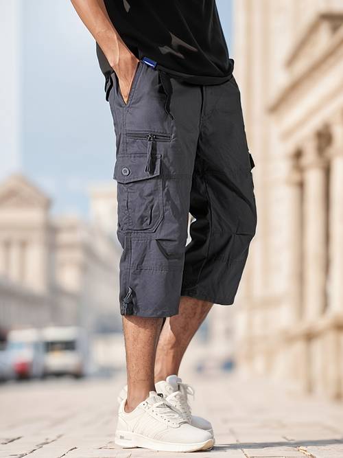 multi-lomme lynlås outdoor afslappede cargo capri bukser-shorts, med elastik i taljen og knaplukning til nem påklædning, velegnet til udendørs , fiskeri, bjergbestigning og forskellige udendørs aktiviteter (bælte inkluderet)