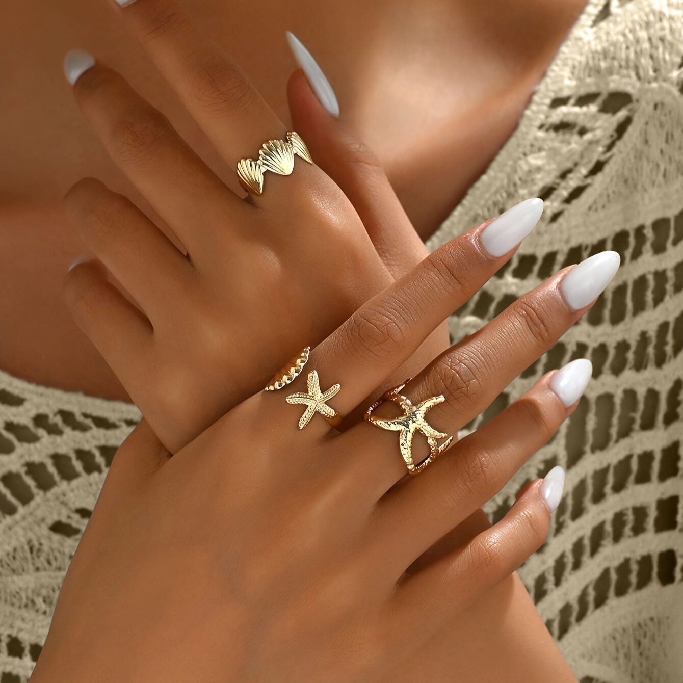 2pcs 3D Starfish & Shell Vintage Style Adjustable Ring Set