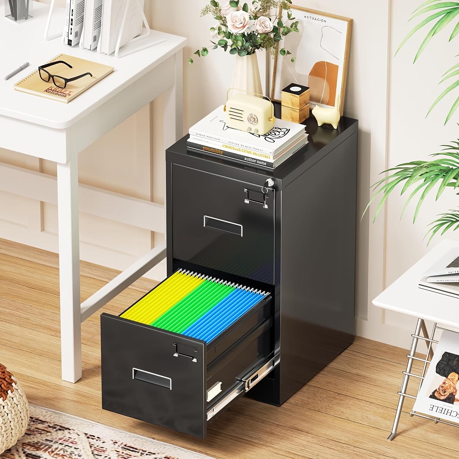 2 Drawer File Cabinet, Metal Office File Cabinet With Lock, Vertical Organizer Filed Cabinets For Letter, File Box And A4 Documents, For Home Office