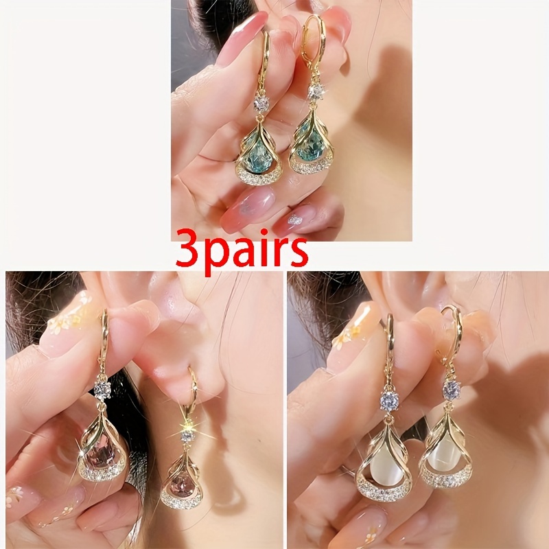 TEMU 3 Pairs Of Colored Shaped Sparkling Synthetic Zircon Inlaid Pendant Earrings, Elegant And , Earrings, Female Gifts