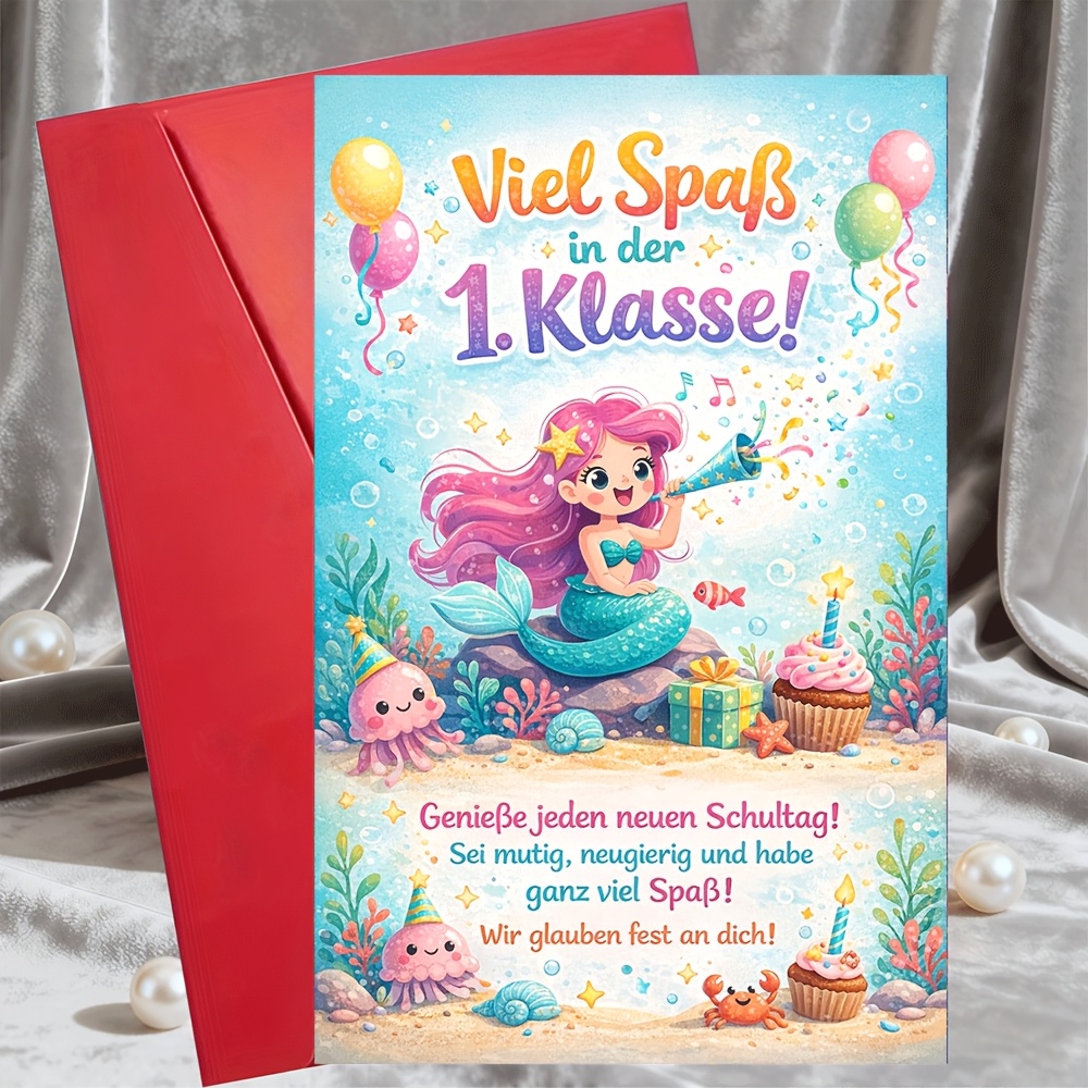 E-shop 1 Grußkarte + 1 Umschlag, Meerjungfrau-Grußkarte für die 1. Klasse, Viel Spaß in der 1. Klasse, Deutscher Glückwunsch zur Rückkehr in die Schule