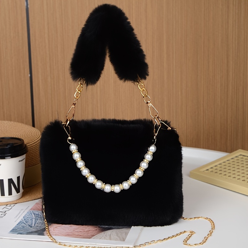 

Fur Shoulder Bag With Chain Strap, Synthetic Solid Color Handbag, Zipper Closure, Unlined, Non-washable - Fashionable Mini Square Purse For Women