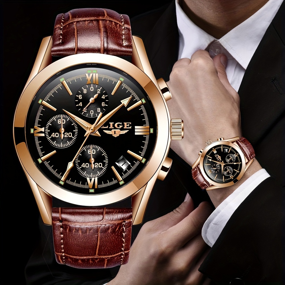 

Men's Watch Top Brand Luxury Leather Quartz Watch Sports Chronograph Luminous Waterproof Date Dial Watch + Box
