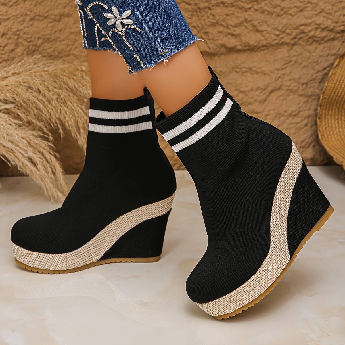 Women'S Slip-On Chunky Heel Ankle Boots - Round Toe & Wedge Design, Black Fabric Upper with White Striped Detailing, Elastic Rubber Sole for Winter Fashion & Casual Outfits, Winter Footwear, Trendy Boot Design