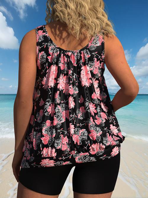 new european and size tankini two piece set with floral print swimsuit for women