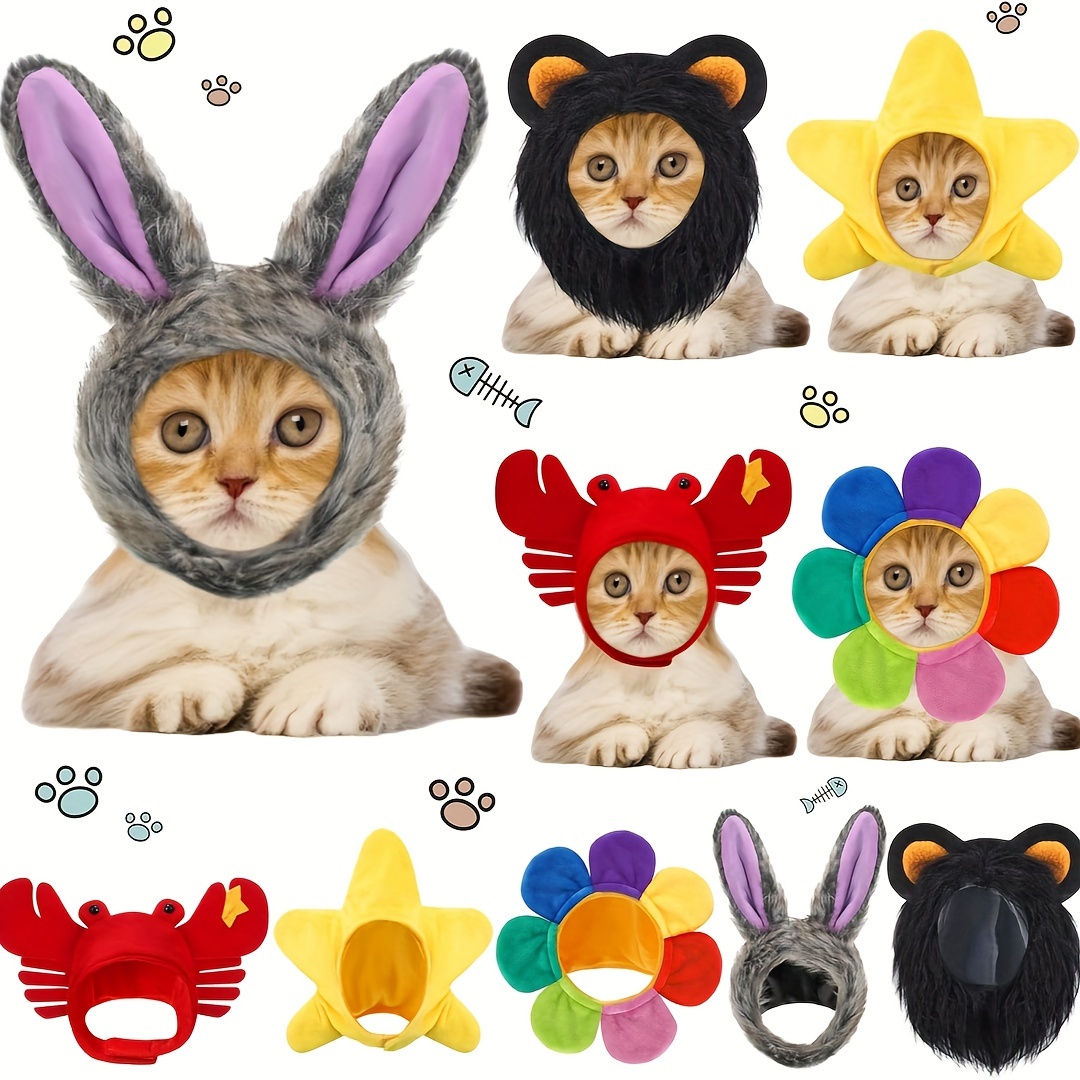 

5-piece Adorable Pet Hats For Cats & Small Dogs - Cozy Bunny Ears, Lion Mane, And More - Perfect For Valentine's Day, New Year's Parties & Birthdays