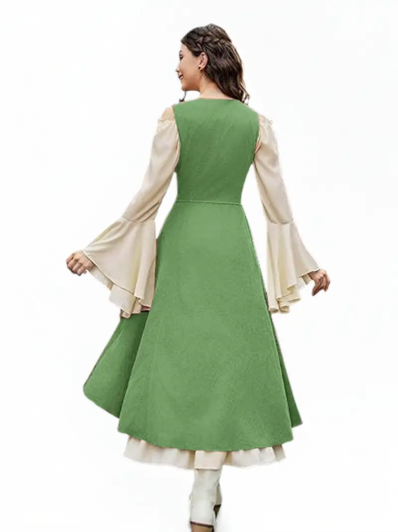 green pirate dress FAVIPT Womens Plus Size Renaissance Dress Medieval Victorian Witch Pirate Costumes Squareneck Elastic Waist Dress Wedding Gown Costume Green,XXXL