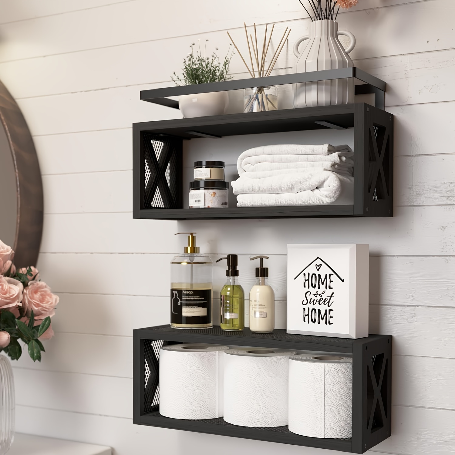 

House Floating Shelves With , Rustic Wood Shelves For Wall Décor, Farmhouse Bathroom Accessories Wall Mounted, Bathroom Wall Organizer Over Toilet Storage, Kitchen, Living Room - Black