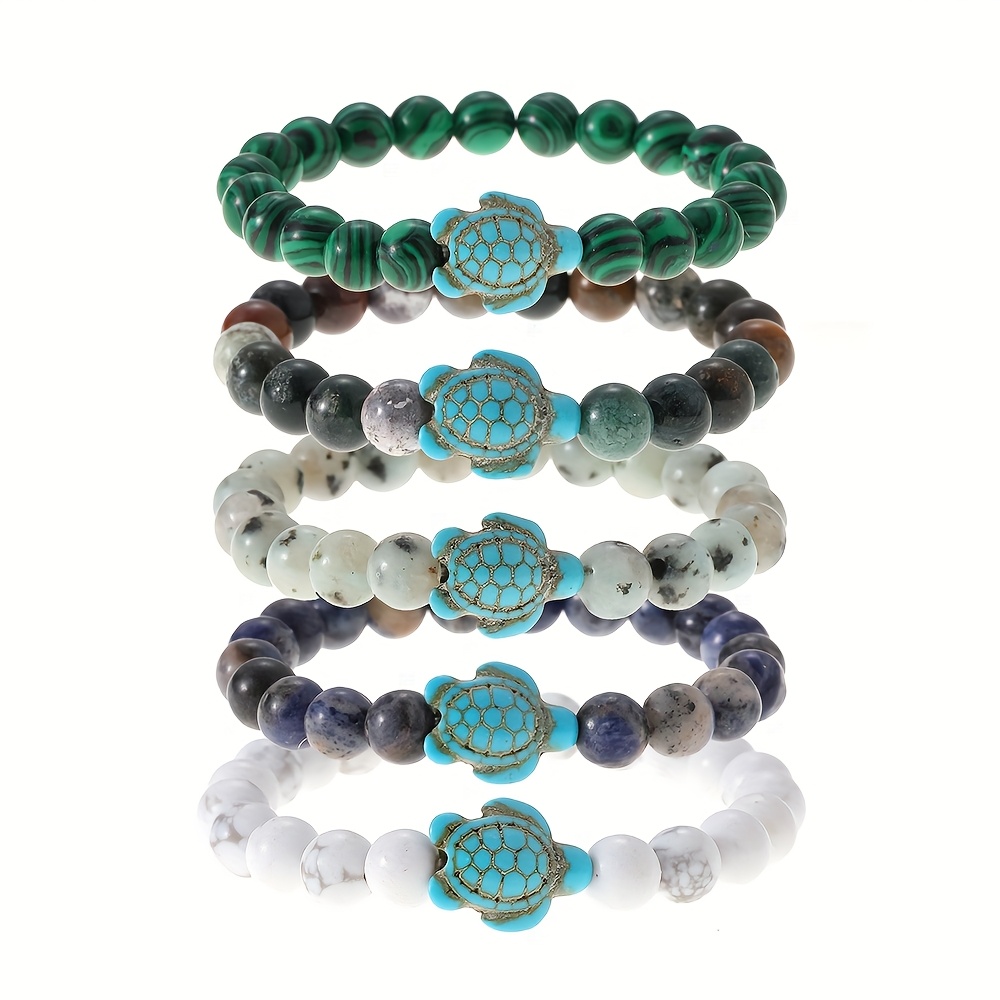 TEMU 5pcs Set Vintage Sea Turtle Turquoise Bohemian Beaded Bangle Bangle Bracelet, Unisex Beach Vacation Jewelry Set