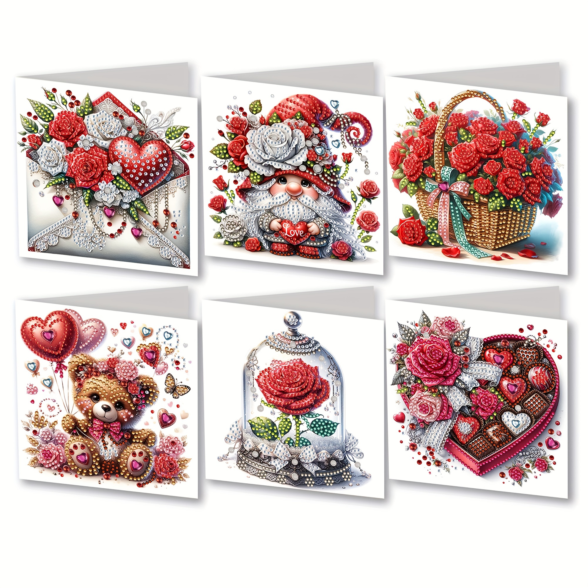 

Valentine's Day Diy Diamond Painting Greeting Card Kit - 6pcs Set With White Envelopes, Cartoon-themed Craft Supplies For Messages