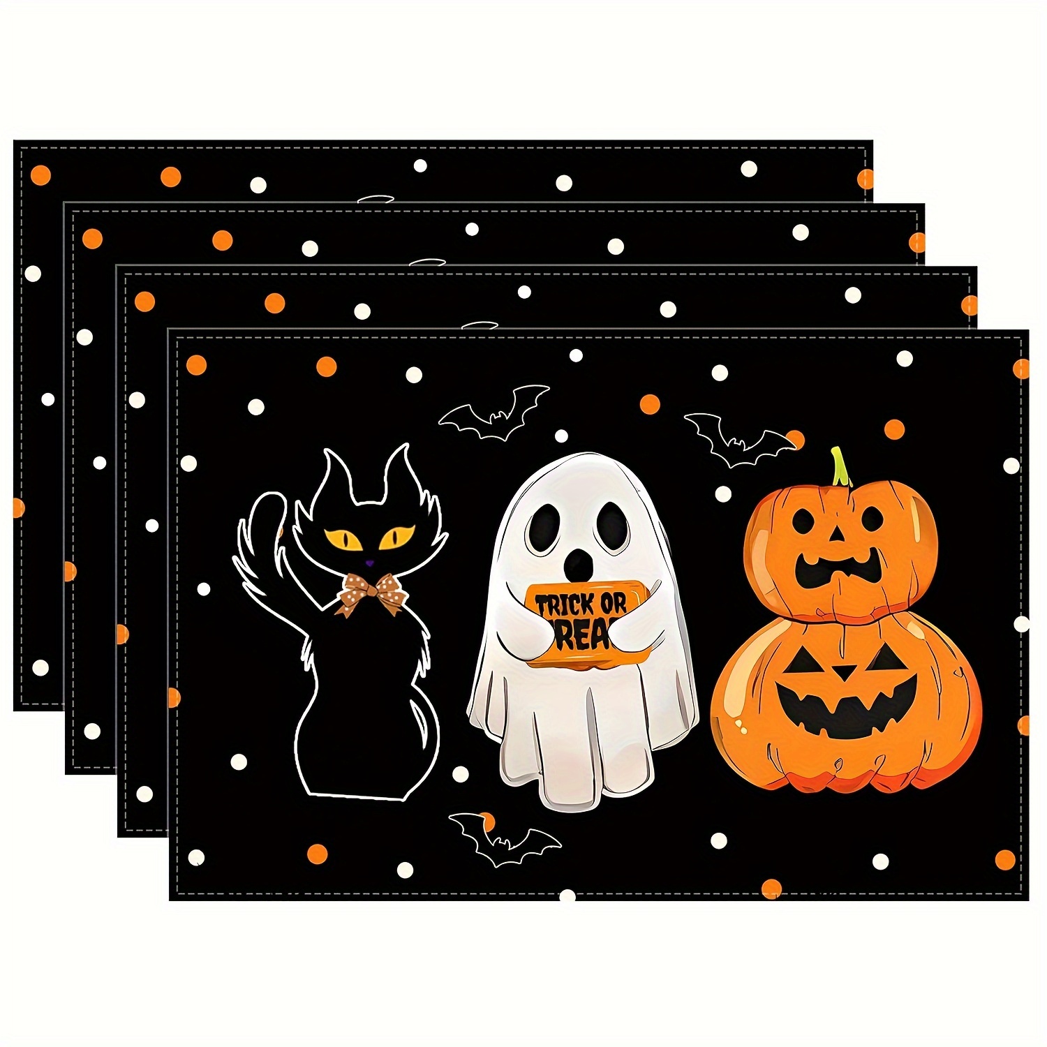 TEMU 4pcs Halloween Placemats - 12x18 Inch, Black With White Polka Dots & Bats, Pumpkin Cat Design, Durable Polyester Table Mats For Home Kitchen, Party, Holiday Decor, Halloween Decorations