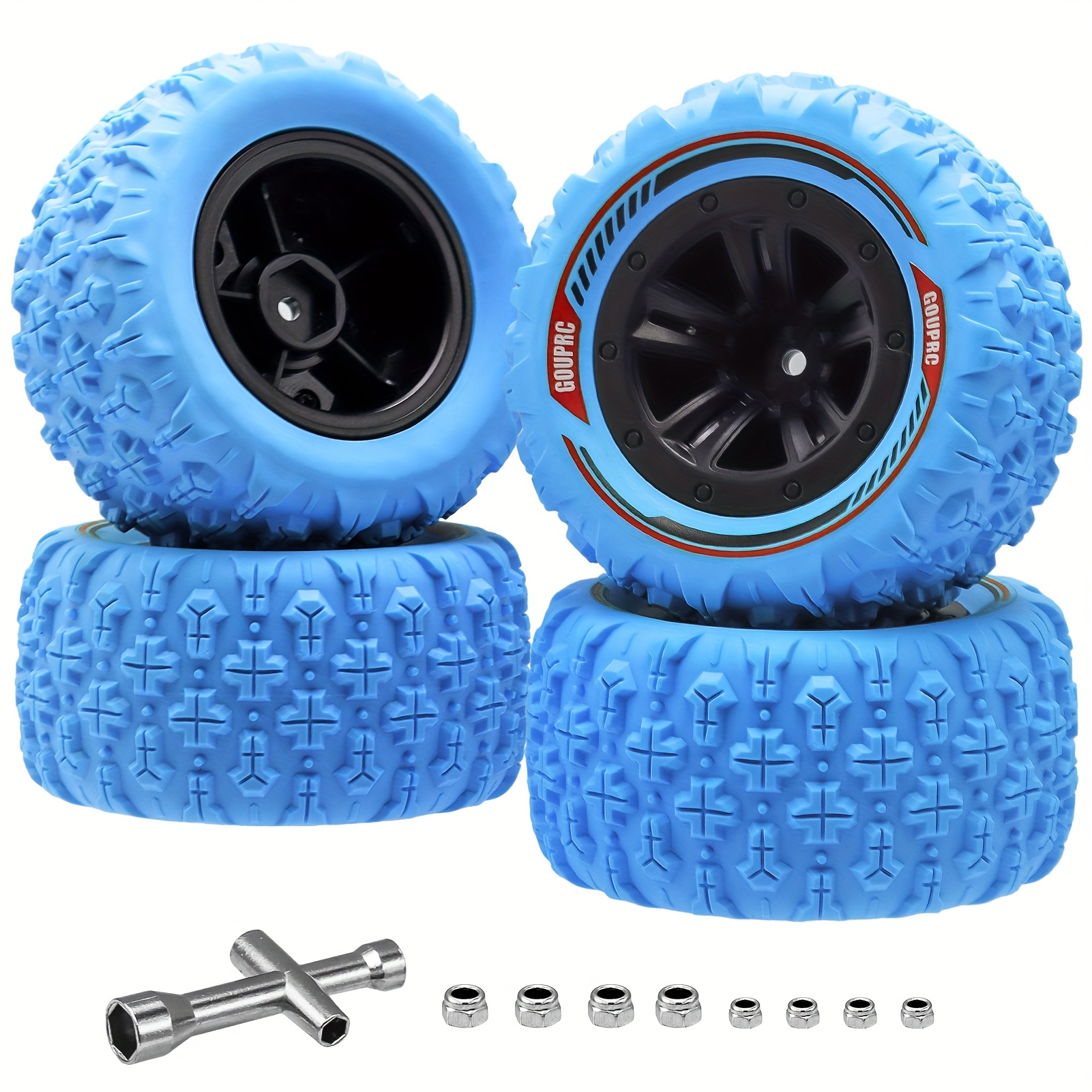 Image of Gouprc 12mm Hex Rc Wheel Tires Set, 4pcs Swamp Claw Mud Terrain Tires Additions For 1/14 1/16 Rc Car Crawler Buggy Blue