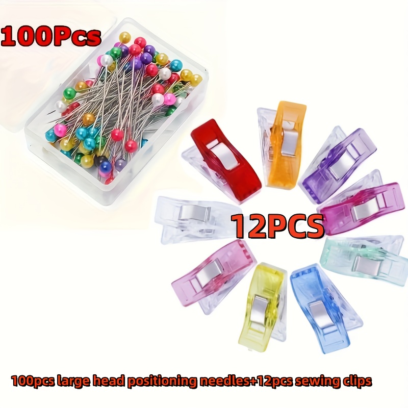 112pcs Sewing Essentials Set Combination 100pcs Multicolor Pearlescent Large Head Pins And 12pcs Multicolor Sewing Clips Overlock Clips Sewing Set