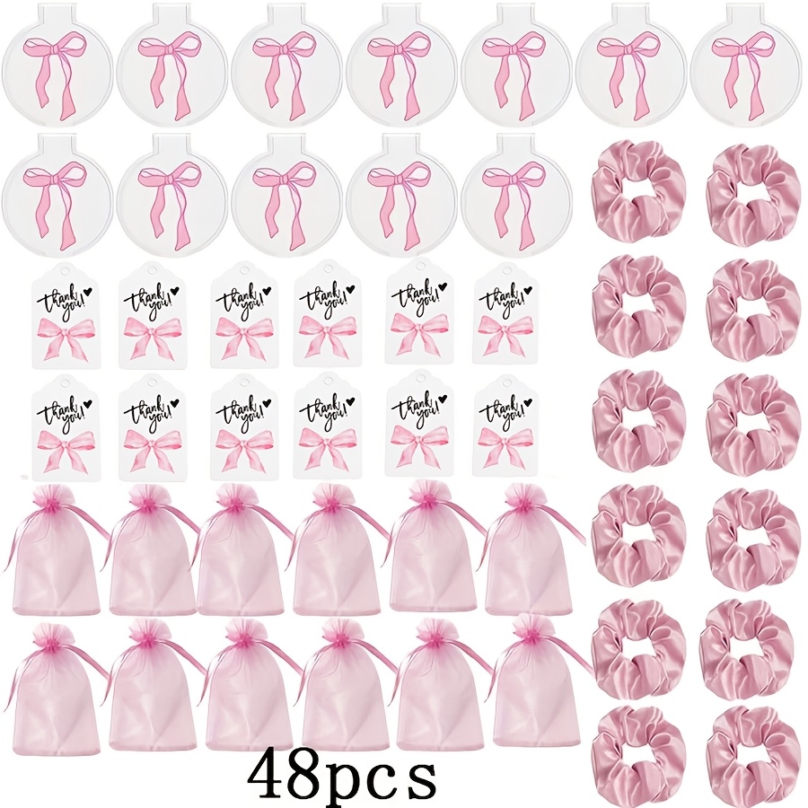 TEMU Gift For Her/him Gift For Her/him 24/48pcs Wedding Bridesmaid Gift Set - Bow Mirror & Pink Headband, With Thank You Card & Small Pouch -