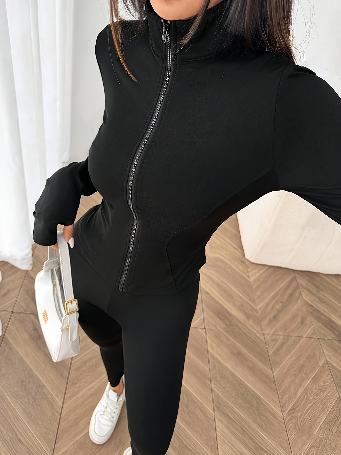 new womens casual athletic 3pcs set with zipper thumb hole long sleeve sports jacket sports tank top and high waist skinny   sports long pants for exercise fitness yoga and casual attire details 4