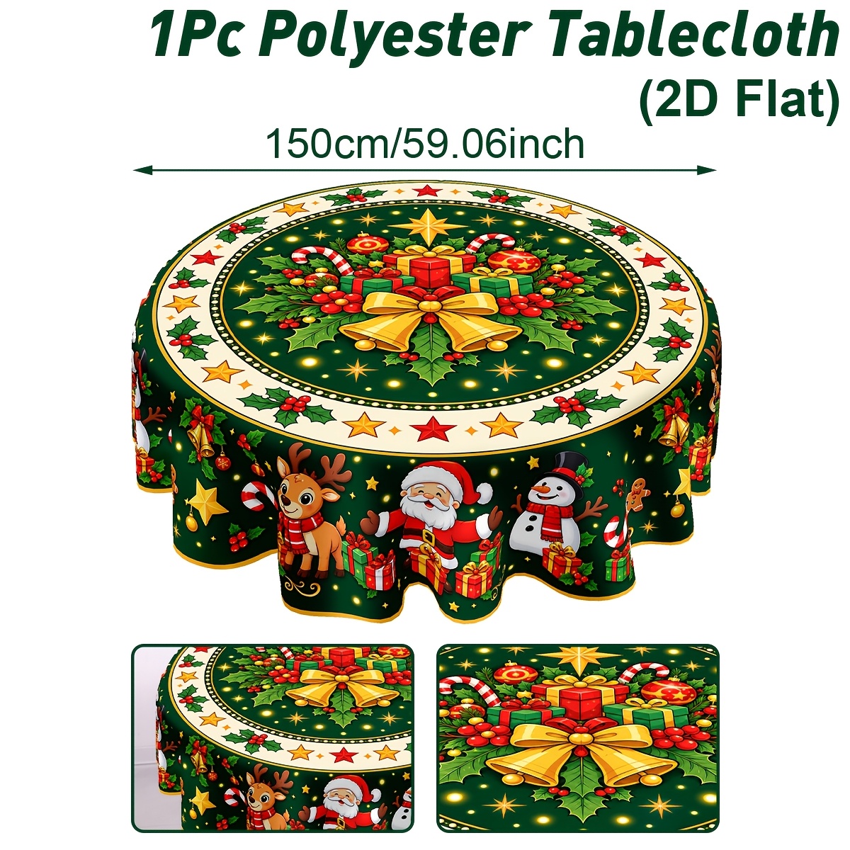 TEMU 2d Flat, 1pc, Christmas Round Tablecloth, Santa Claus, Snowman, Reindeer, Jingle Bells And Gifts Patterns Green Tablecover, Table Decor For