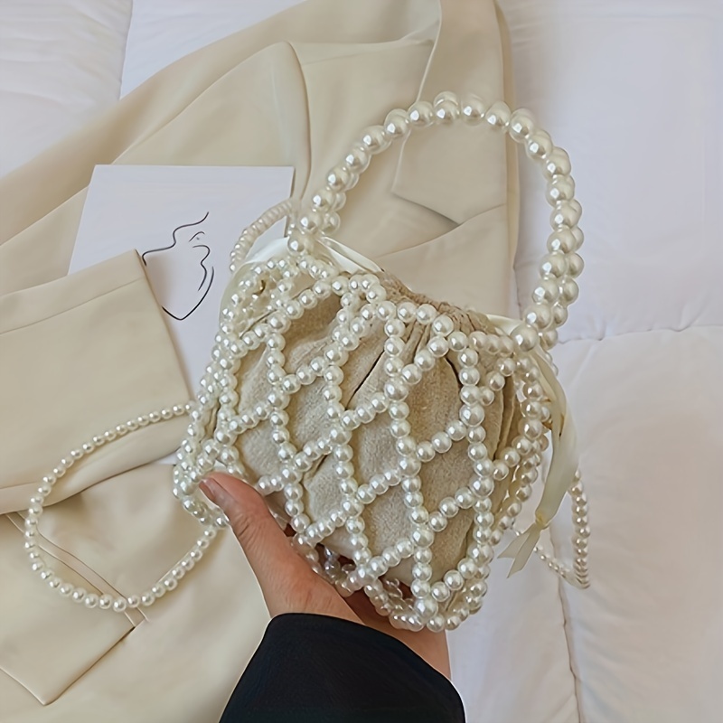 

Elegant Faux Pearl Beaded Mini Handbag, Fashion Mini Drawstring Crossbody Bag, 5.9 X 5.1 Inches, Chic Evening Purse With Faux Pearl Strap