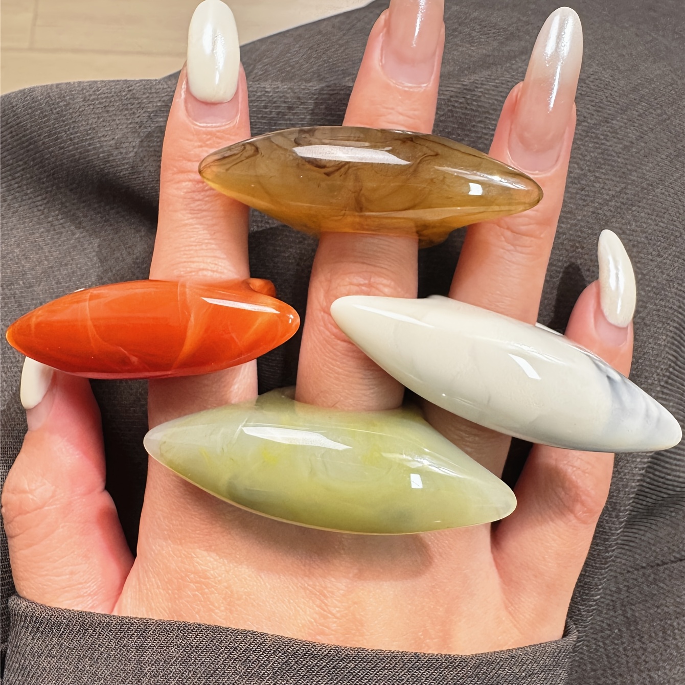 TEMU 4pcs Set Of Stylish Colorful Long Oval Resin Rings, Vintage Irregular Oversized Ring Set, Suitable For Daily Wear, Parties, And Vacations