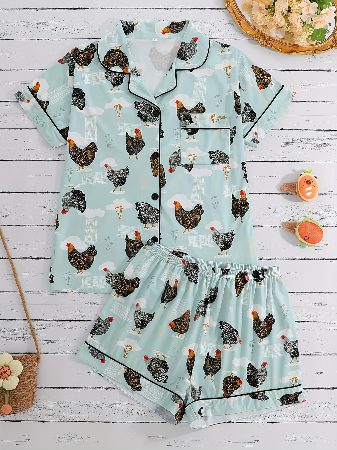 womens 2pcs chicken print pajama set short sleeve shirt with turn buttons and elastic shorts casual outdoor home comfortable girlfriend loungewear suitable for summer   Product details 0
