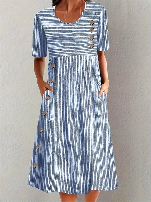 new summer round neck striped pocket short sleeve dress for women casual and elegant