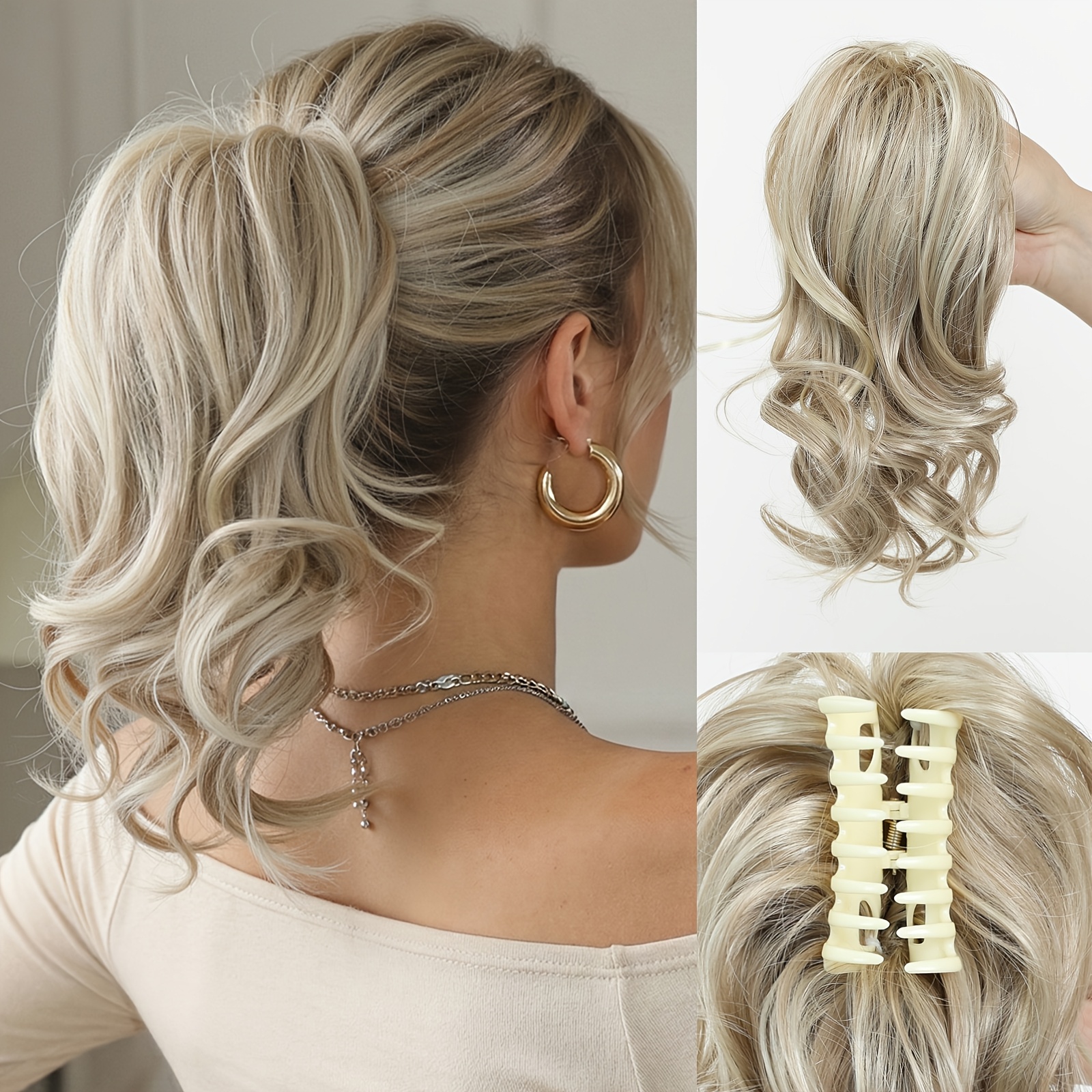 Image of Black Wavy Claw Clip Ponytail Extension - Effortless Old Money Aesthetic Curly Hairpiece For Women