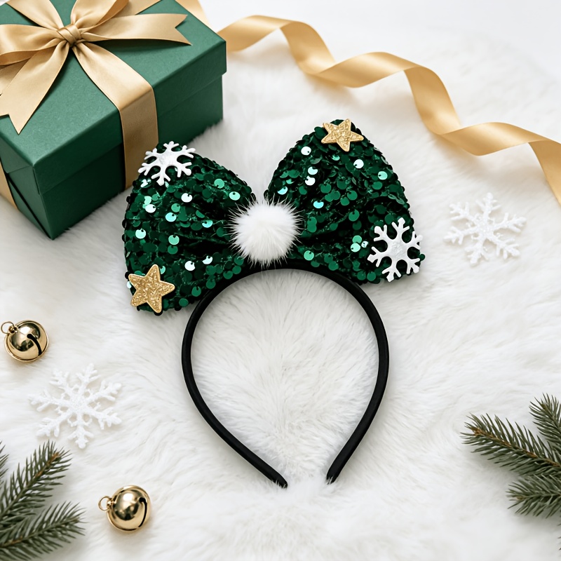 TEMU 1pc Red And Green Christmas Headband, Sequin Bow Snowflake Star Pom-pom Hairband, Suitable For Women ' Holiday Party Outfit Hair Accessory