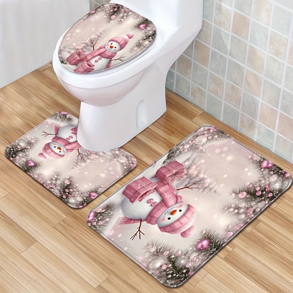 

1/3pcs Christmas Pink Snowman Floor Mat Set Toilet Cover Toilet Carpet Bathroom Absorbent Door Mat Bathroom Three-piece Set Non-slip Mat Decoration