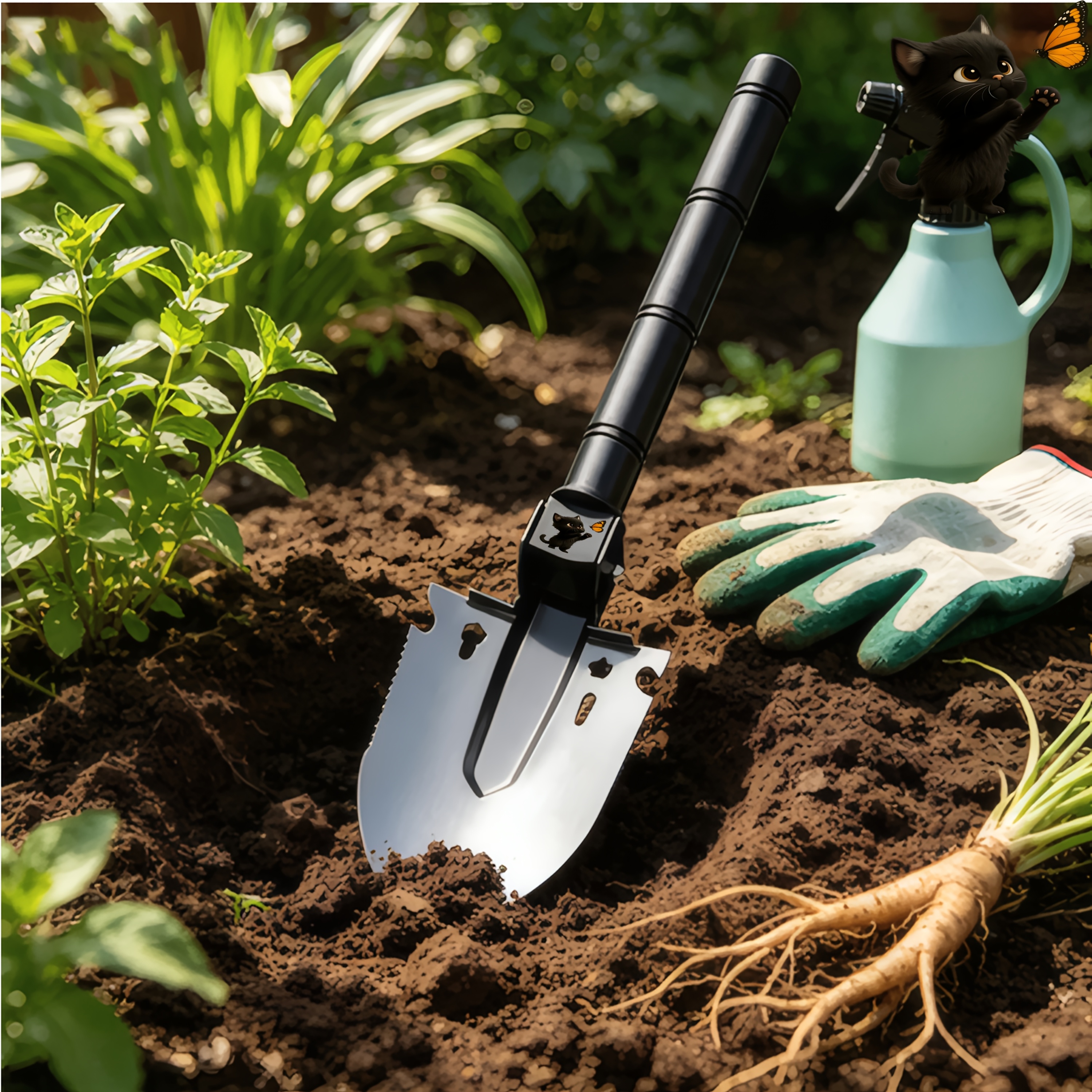 Black Cat Illustration Multi-Functional Shovel for Outdoor Use