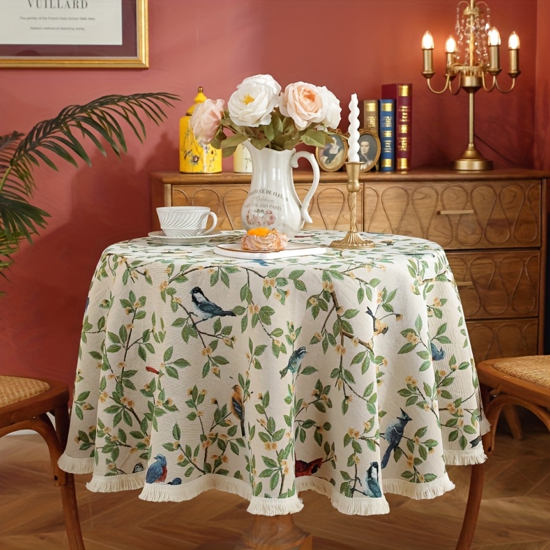 Elegant Floral and Bird Round Tablecloth with Tassels - Polyester, Machine-Made,   Kitchen or Dining Table, Ideal for Grandparents Day, Dining Table Accessory|Floral Table Setting|Polyester Fabric