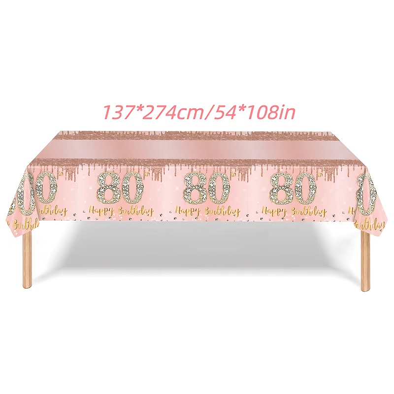 TEMU 1pc 80th Birthday Tablecloth Pink Rose Golden Tablecloth, Women's 80th Birthday Birthday Tablecloth 80th Birthday Party Supplies (54in X 108in)
