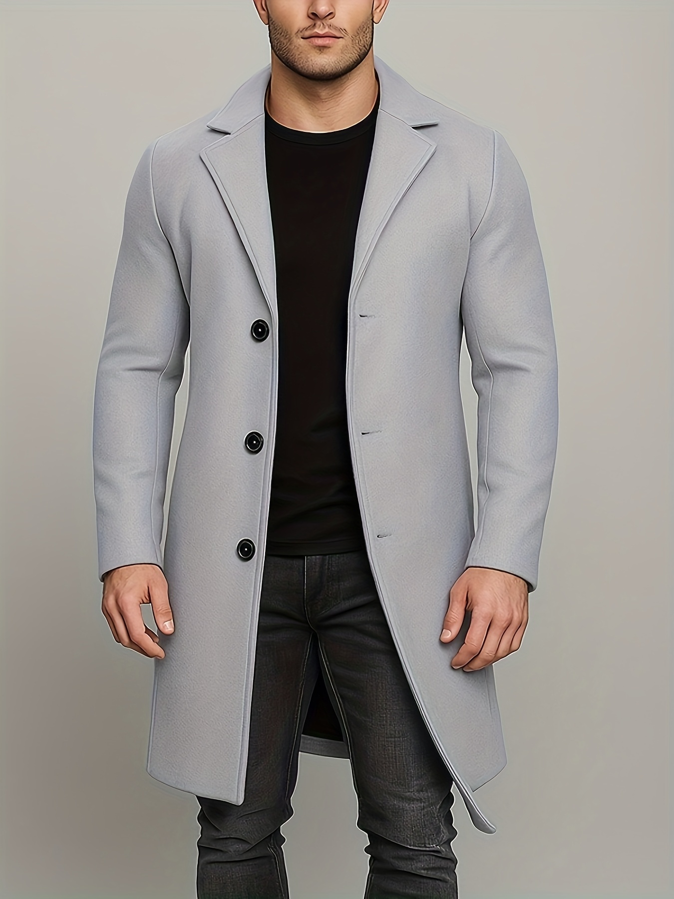 mens   length single breasted tweed overcoat mens solid color trench coat Product details 13