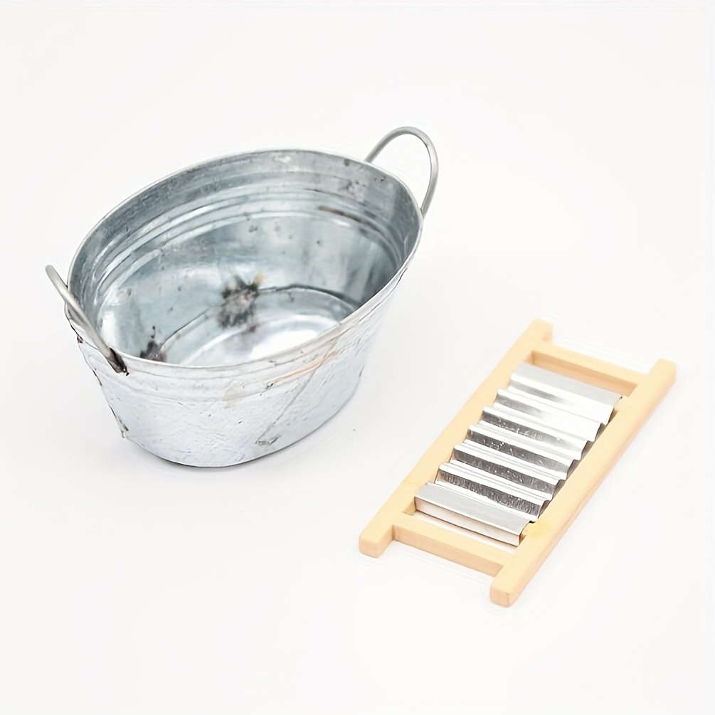 Image of 2pcs Miniature Scrubbing Board + Iron Bucket, Dollhouse Decoration, Perfect For Diy Kitchen And Bathroom Scene Decor, A Collectible Gift For Hobbyists And Enthusiasts
