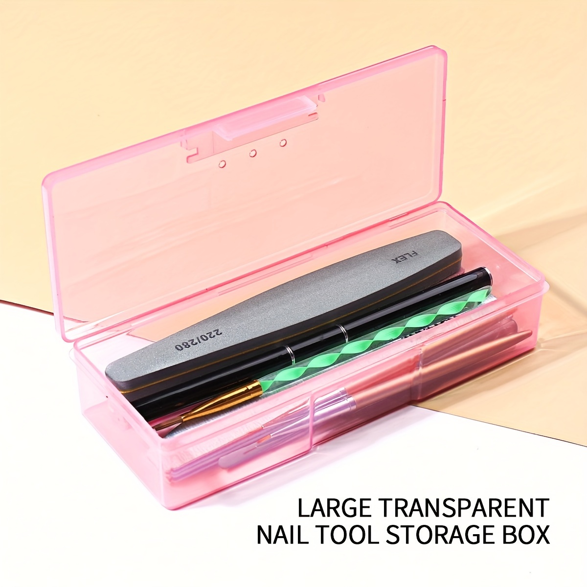 

1pc Large Transparent Pink Nail Art Tool Storage Box - Plastic Organizer For Tweezers, Clippers, Pens, Polishing Files & Buffers