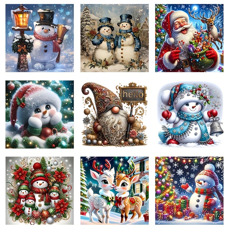 

Christmas 5d Kit - Diy Craft Set With Santa, Snowman & Reindeer Designs - Round Canvas Art For Home Decor, Wall & Desk Display - 8x8 Inches