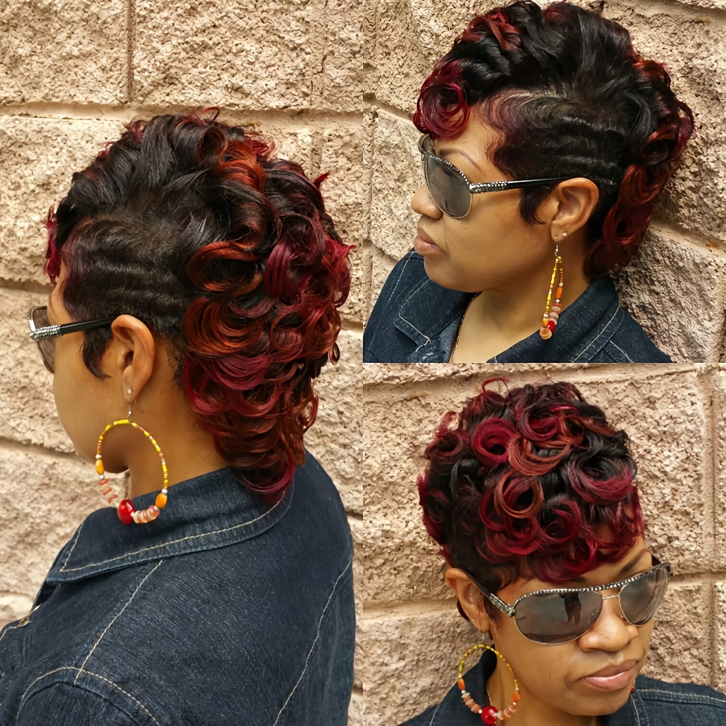TEMU A Short Wig With Afro Curls In Ombre Wine Red Featuring Dark , Designed For Women. This Synthetic Curly Wig Has A Short Haircut With Bangs, Perfect For Curly Hairstyles