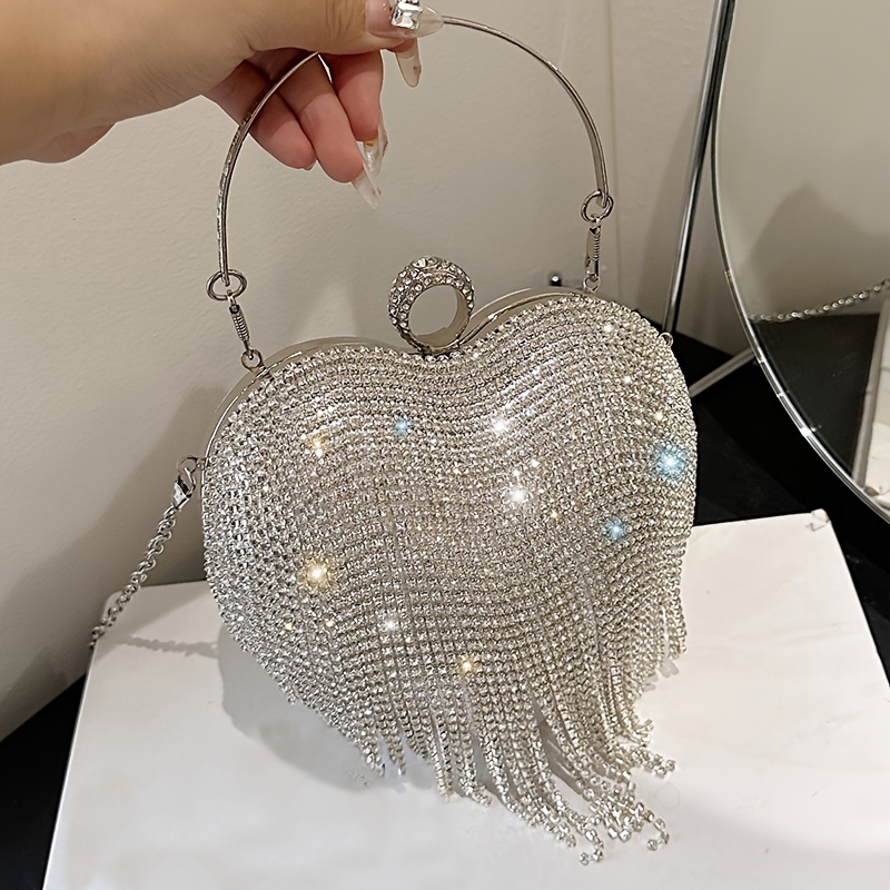 Image of Fashionable Rhinestone Heart-shaped Evening Bag, Tassel Wedding Party Clutch, Party Use Handbag With Ring, Special Valentine's Day Style