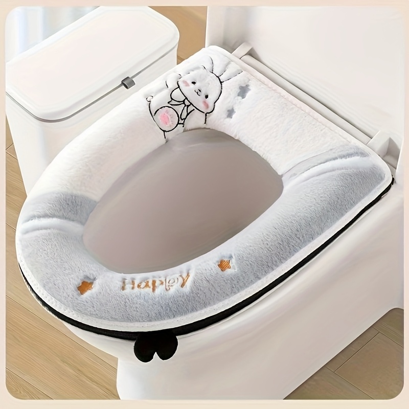 Image of Household Toilet Seat Cover With Universal Zipper Design, Cute Cartoon Embroidery, Cute Rabbit Toilet Seat Cover Gasket