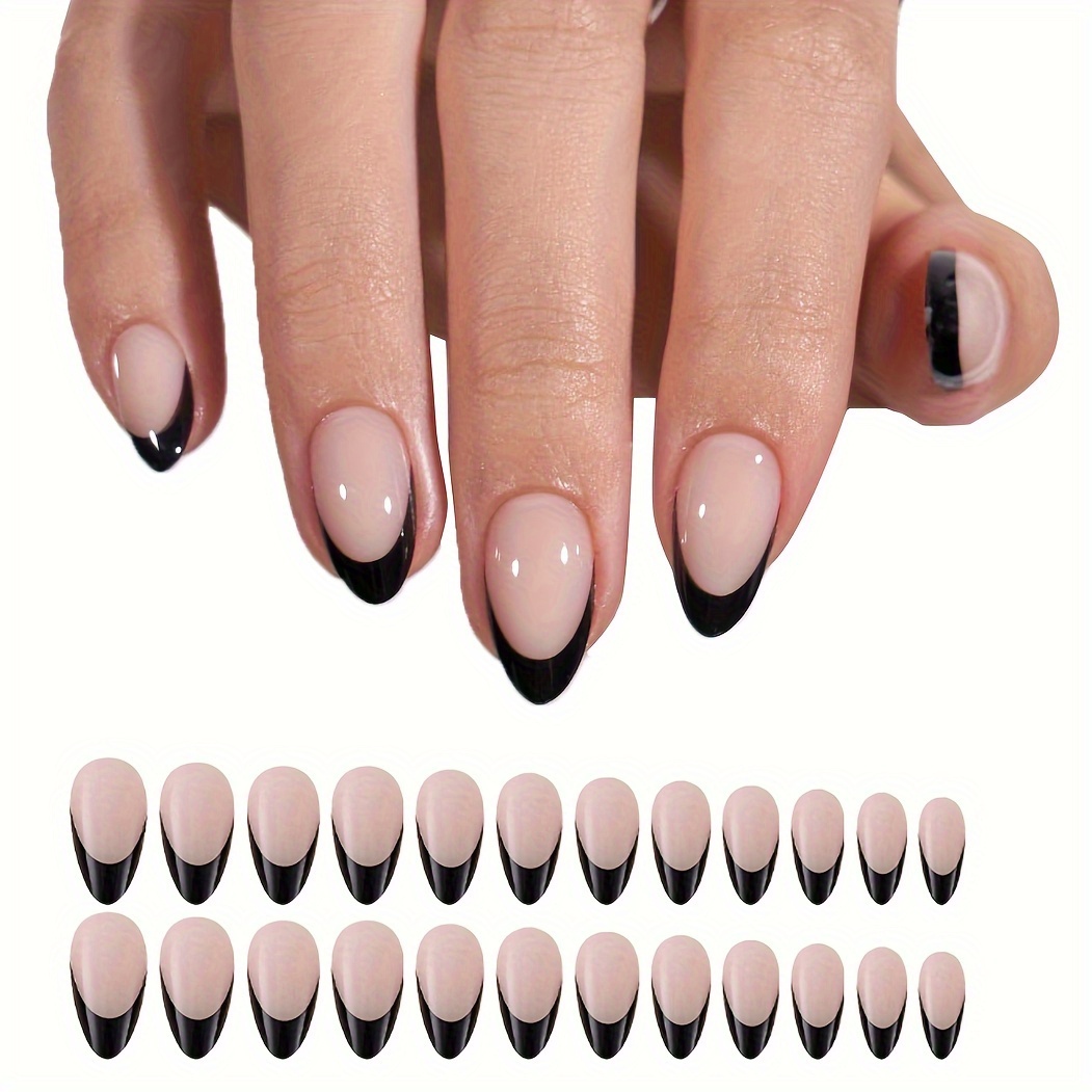 

French Tip Press On Nails - 24pcs Reusable Black French Tip Nails, Soft Gel Almond Nail Tips Kit With Glue In 12 Sizes, Gift For Women Girls, Medium