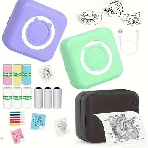 mini printer portable with 9 rolls of paper 3 rolls of white stickers 3 rolls of color stickers 3 rolls of transparent stickers no ink printer wireless wireless compatible ios for journals photos perfect gifts
