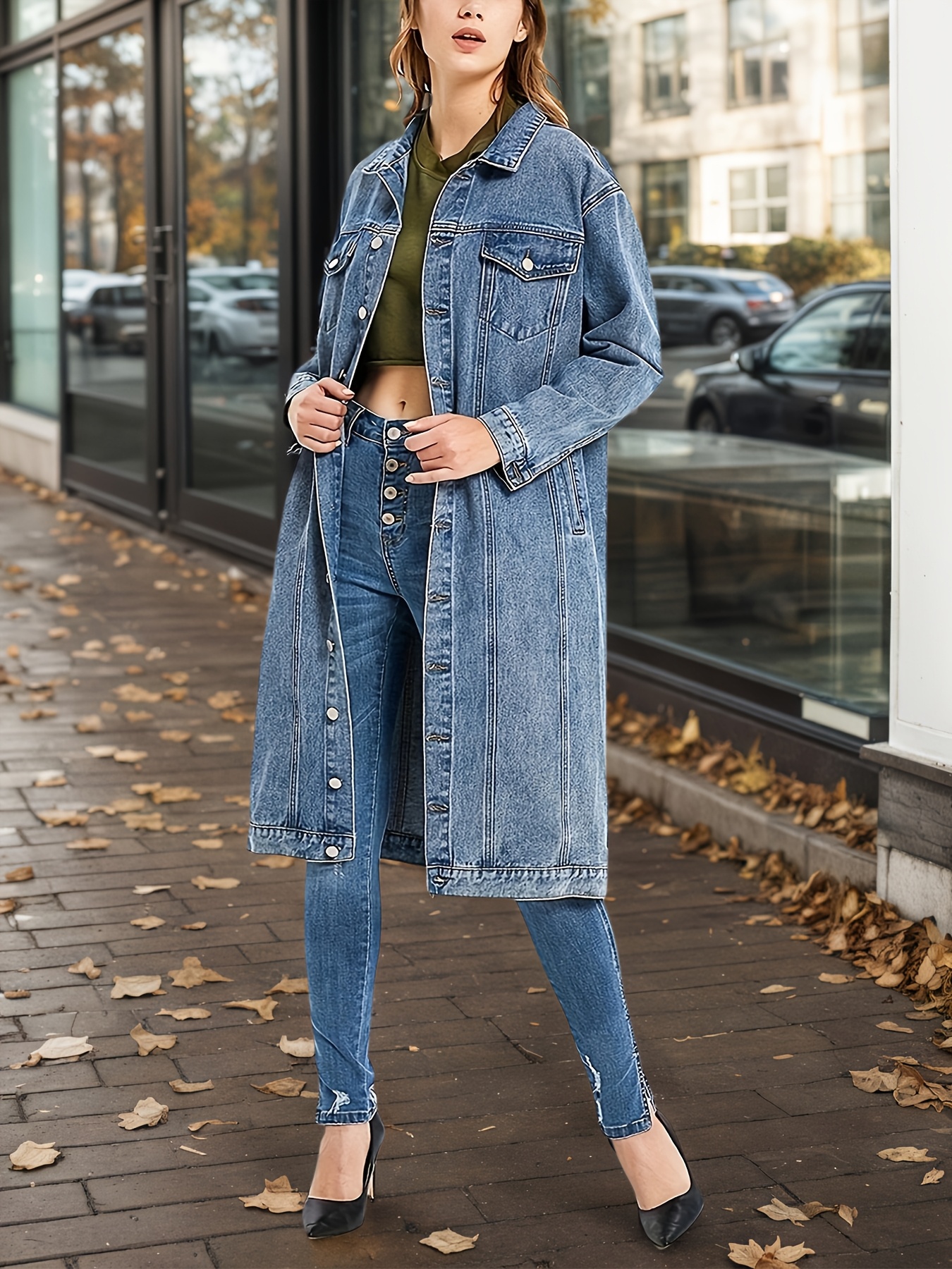 Oversized Denim Trench Coat Full Length Jean Jacket Jeans Long