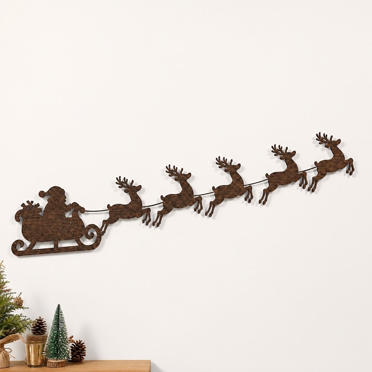 TEMU 6pcs Santa Claus And Reindeer Sleigh Wooden Wall Decor, Christmas Silhouette Wall Art, Country Style Wooden Santa Sleigh Reindeer Wall Art,