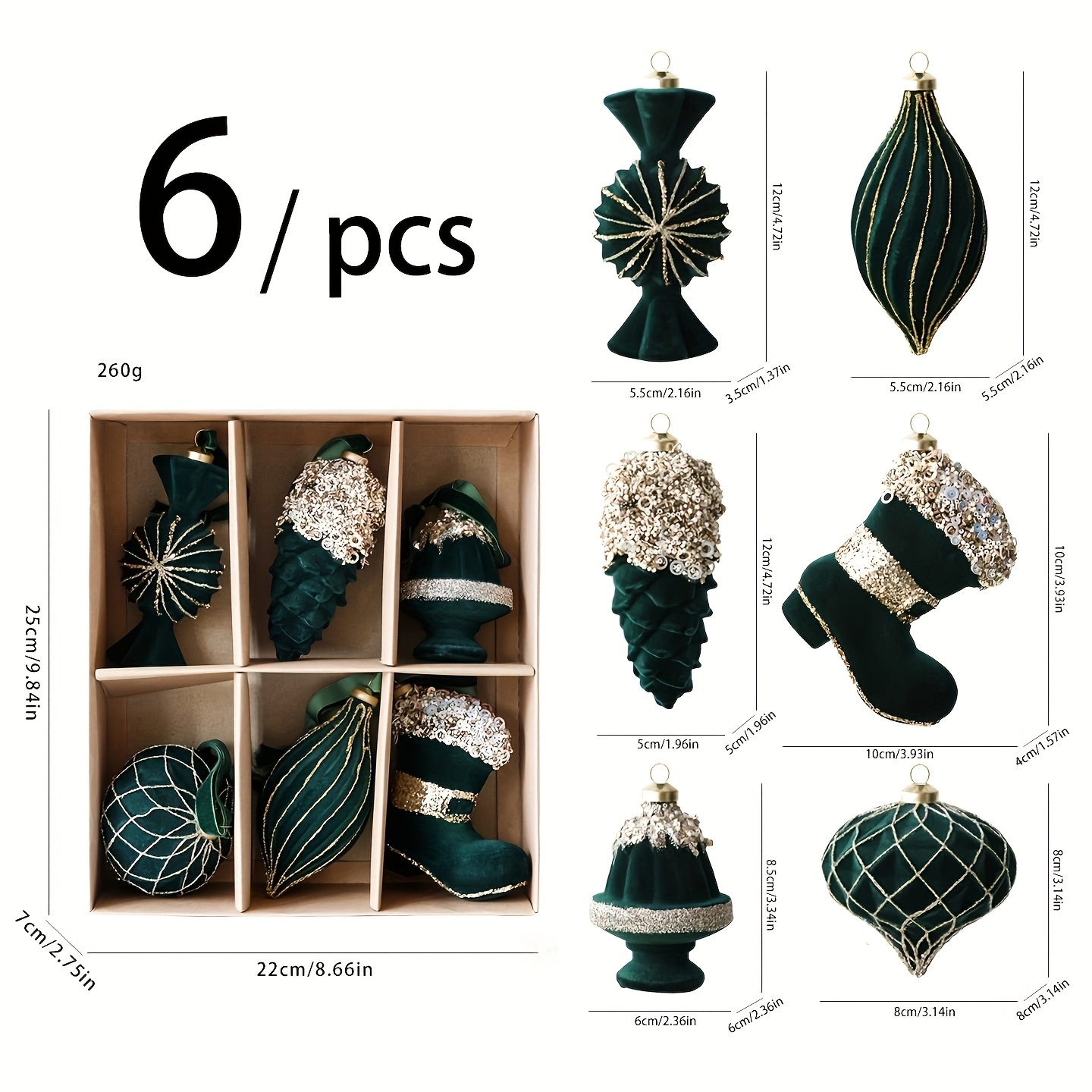 TEMU Green Velvet Christmas Ornament Set Of 6in Gift Box, Christmas Tree Decorative Hanging Balls, Includes Candy-shaped Ornament, Olive-patterned