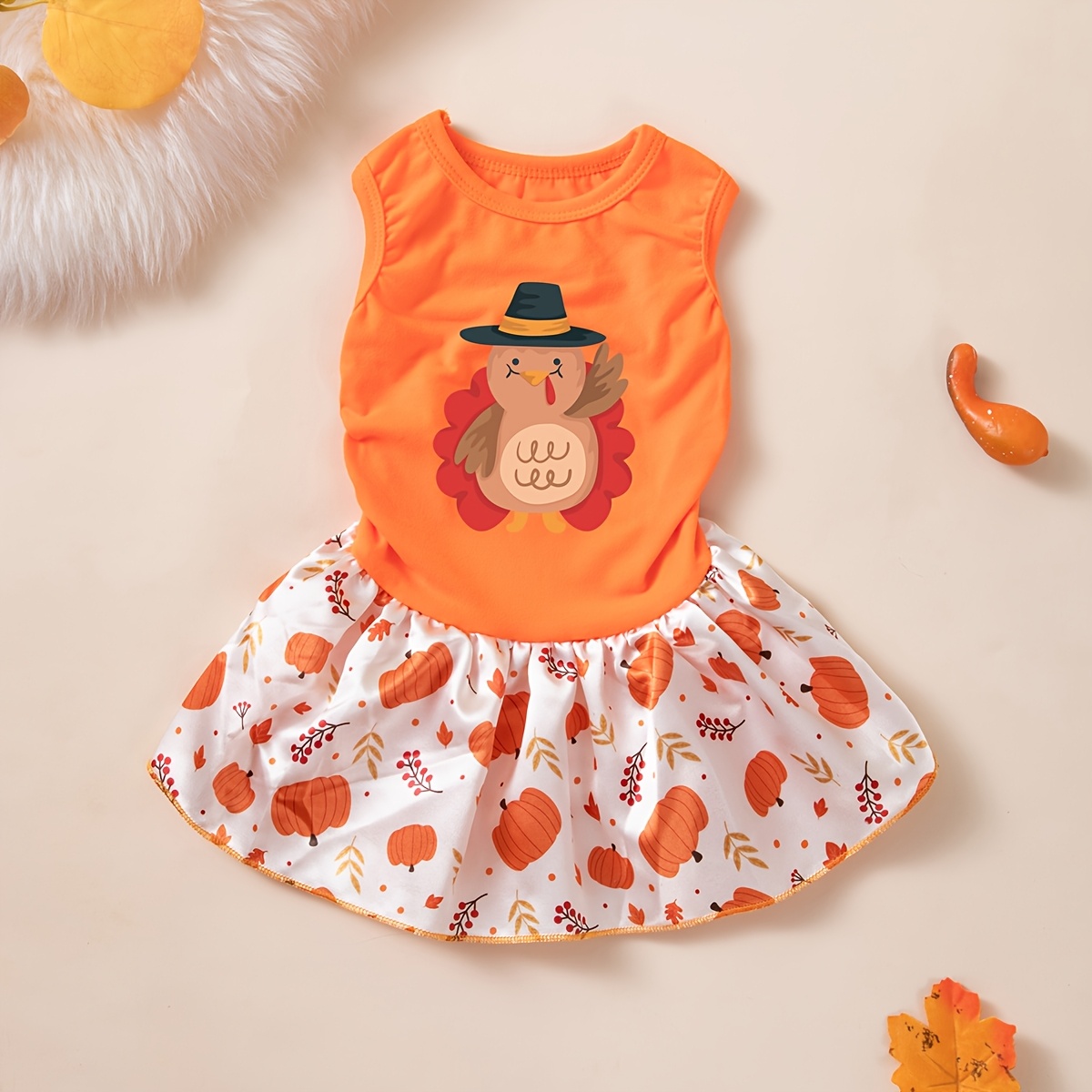 TEMU Turkey Print Dog Dress With Sleeveless Vest & Gauze Skirt - Suitable For Small/medium Breeds, Spring Summer Fall Costume For Thanksgiving