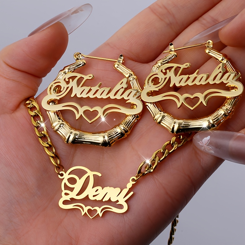 

Boho Chic 18k Golden Plated Stainless Steel Jewelry, Customizable Name Necklace And Earrings, Heart-shaped Lettering, Ideal For & Party Occasions, Christmas Gift, Versatile