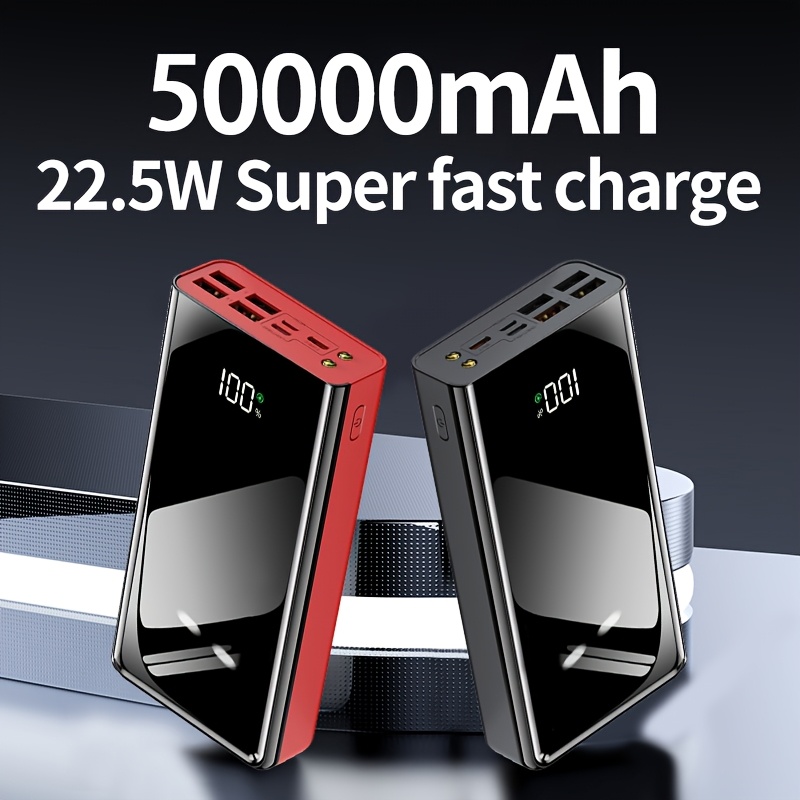 50000mah   capacity portable power bank with built in led flashlight   display and multiple type c micro usb ports it enables fast charging for smartphones electronic devices and more this portable emergency power supply