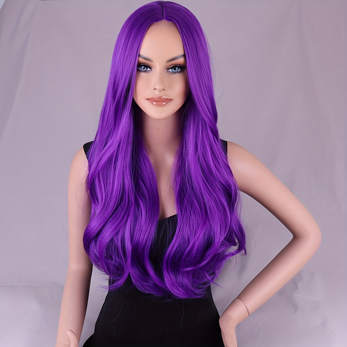 

Anime-inspired Long Wavy Heat-resistant Viscose Wig - Purple, Women's Cosplay Party Hair With Adjustable Buckle Net Cap